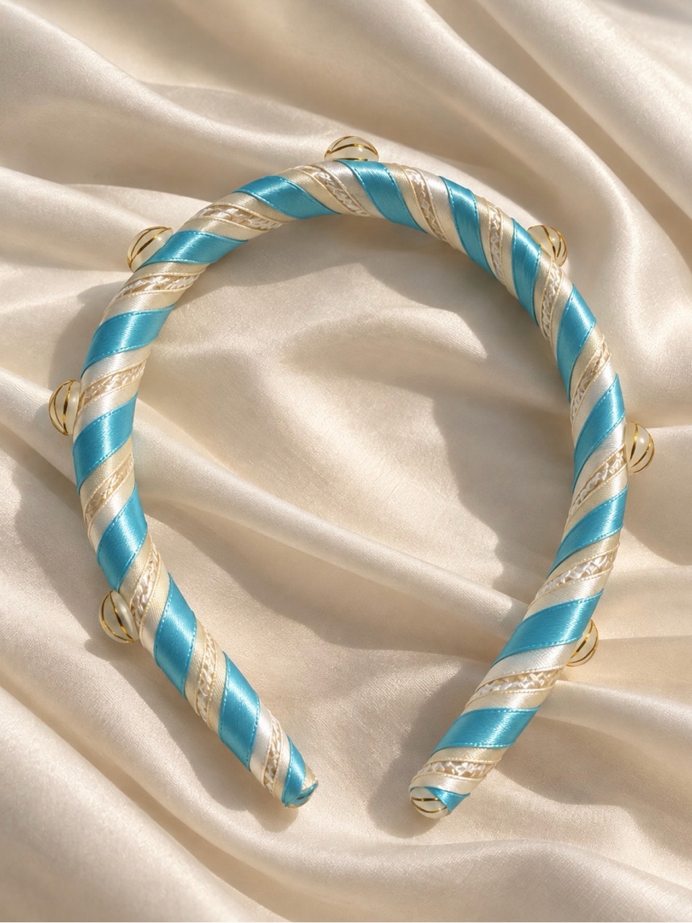 Handmade Satin Wrapped Turquoise & Cream Headband with Gold Accent 7/23